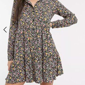 (ASOS)Stradivarius brand Floral Button Up Dress with Long Sleeves